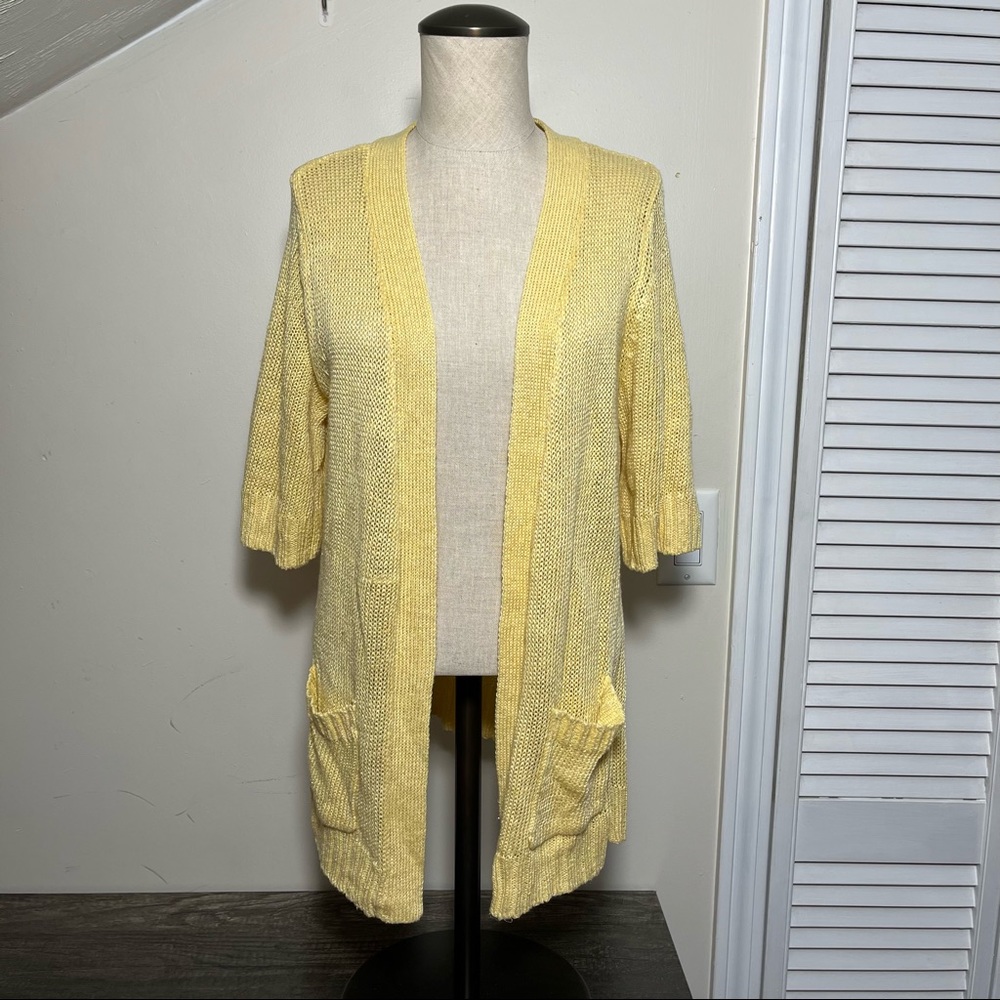 Chico’s Loose Knit Yellow Short Sleeve Cardigan, Size 1 - Picture 1 of 11